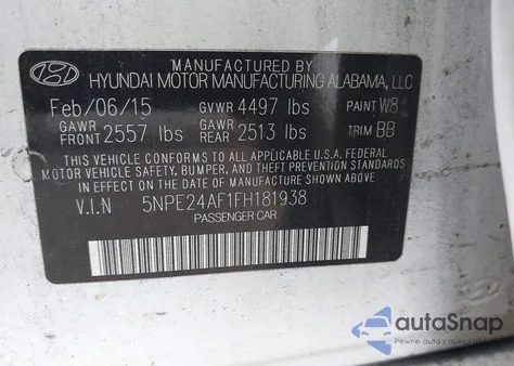 2015 Hyundai Sonata Se from USA, damaged, VIN 5NPE24AF1FH181938